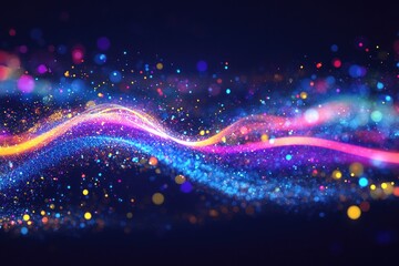 Fototapeta premium Abstract background with neon light trails and colorful particles dispersed against a deep background, evoking a sense of ideas being illuminated in motion.