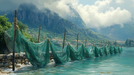 Fototapeta premium Traditional Fishing Nets on Coastal Poles in Muted Colors