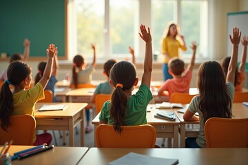 Interactive Classroom with Children Raising Hands to Participate in Active Learning