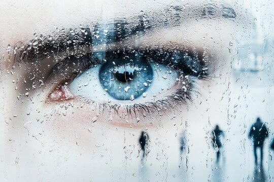 A close-up of a face reflected in a rain-soaked window, 
