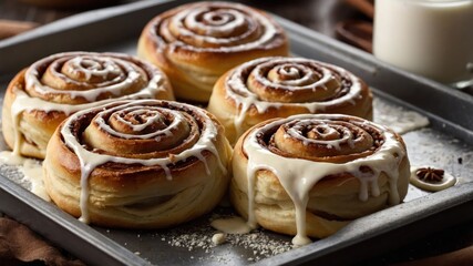 Freshly baked cinnamon rolls drizzled with icing on a baking tray.