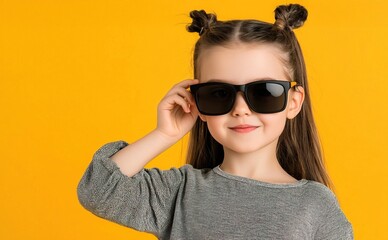 Fototapeta premium Stylish Child Adjusting Sunglasses on Yellow Background