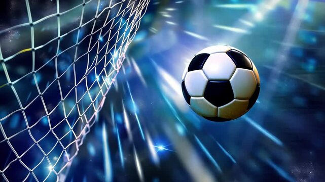 Soccer ball hitting the back of the net with a cosmic backdrop, depicting the thrill of scoring a goal