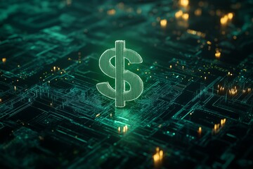 dollar sign surrounded by digital circuitry and green lights. Representation of digital currency and online banking