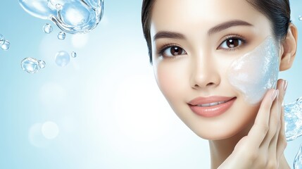 A gorgeous Thai woman with brown eyes and radiant skin, gently massaging a face serum, her smile and soft blue background leave room for skincare text.