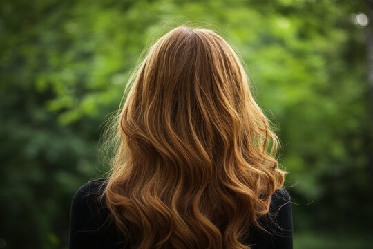 back-view of a woman with long, layered hair styled 
