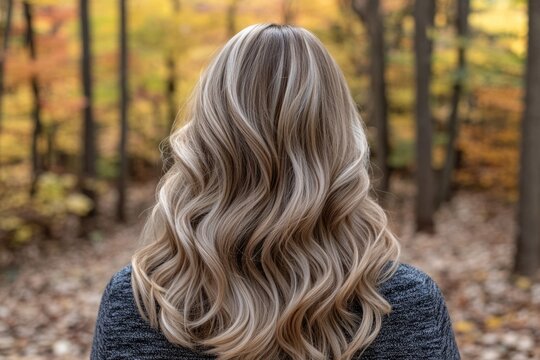 back-view of a woman with long, layered hair styled 