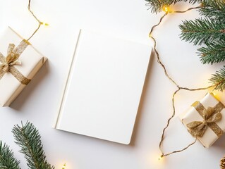 Blank book mockup, placed next to holiday gift boxes and pine branches, surrounded by golden Christmas lights