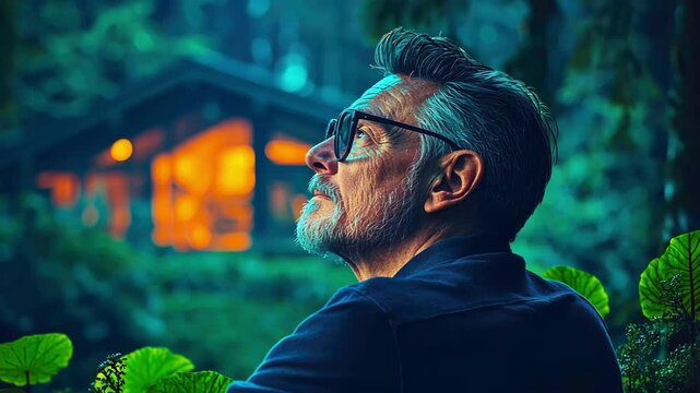 Reflective moment by cozy cabin in lush green forest at dusk
