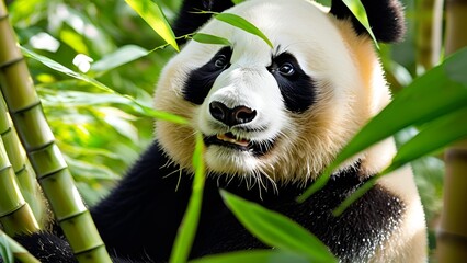 Obraz premium A panda eating bamboo in a tropical forest.