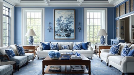 Blue and White Living Room with Chinoiserie Touches