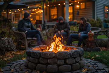 A group of friends gathers around a glowing fire pit, sharing stories and laughter in a beautifully lit backyard. The warm flames create a cozy atmosphere on an autumn evening