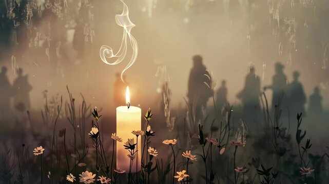 Candle flame casting a gentle glow amidst a field of wildflowers during twilight evoking a sense of peace