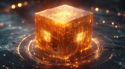 glowing cube with intricate data patterns and circuit lines floating against a dark background, symbolizing advanced technology, data processing, and the digital world