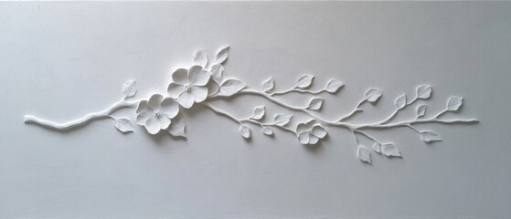 Elegant white floral relief design featuring blossoms and branches on a smooth background