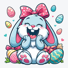 Bunny Character. Sitting and Laughing Funny, Happy Easter Rabbit. stock illustration
