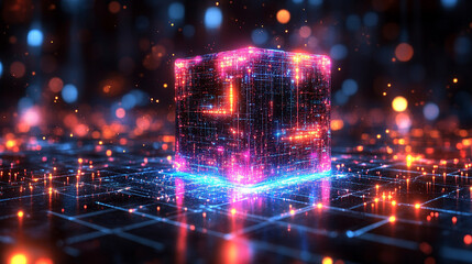 glowing cube with intricate data patterns and circuit lines floating against a dark background, symbolizing advanced technology, data processing, and the digital world