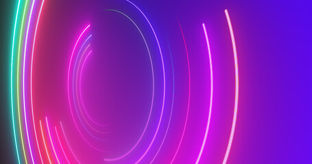 3d Neon circles moving bg. Show starter intro background for videos, titles. Glowing circles light laser like glowing geometric 3d hypnotizing backdrop. Striped neon club bg. Illuminated swirl curve.