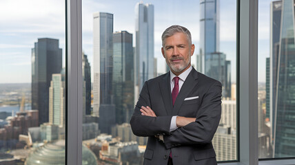 Business professional in a suit poses confidently with urban skyline in the background during daylight hours in a modern office