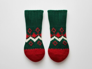 Cozy holiday socks with festive patterns in green, red, and white, perfect for winter warmth and Christmas celebrations.