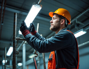 A man in work clothes and gloves, fastened with a safety belt, stands on scaffolding to replace fluorescent lights.