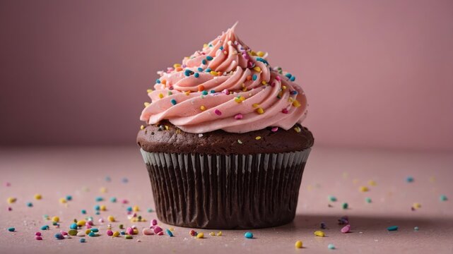 A delicious chocolate cupcake topped with pink frosting and colorful sprinkles. - Powered by Adobe