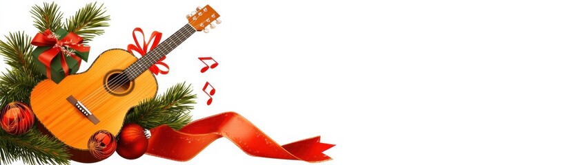 A festive scene featuring a guitar intertwined with holiday decorations, ribbons, and ornaments, evoking a warm, musical holiday spirit.