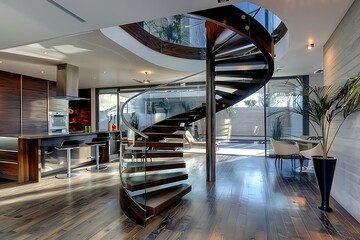 A contemporary spiral staircase with dark wooden steps, a central metal pole, and clear glass balustrades
