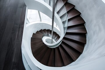 A contemporary spiral staircase with dark wooden steps, a central metal pole, and clear glass balustrades