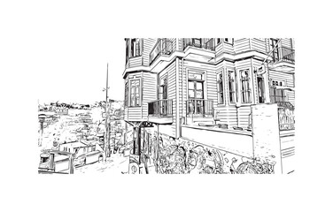 Print Building view with landmark of Valparaiso is a city in United States. Watercolor splash with hand drawn sketch illustration in vector.