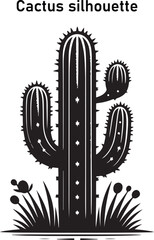 A dark, minimalist cactus silhouette against a desert sunset, showcasing sharp, spiky arms in striking contrast.