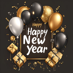 Happy New Year! This vector illustration features a black and white background 