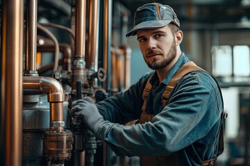 Plumbing or water service worker concept. copper pipeline of the heating system in the technical room. Boiler and expansion tank system. 