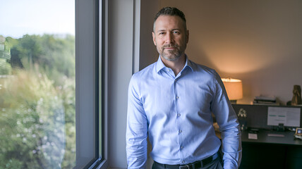 Fototapeta premium Professional man standing by a window in an office setting during daylight, reflecting confidence and readiness for work