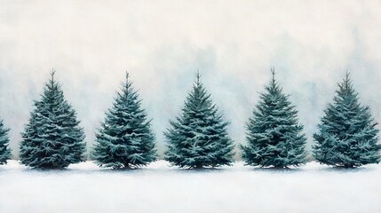 Fototapeta premium Row of Evergreen Trees in a Winter Wonderland.