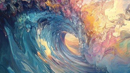 Abstract colorful wave breaking with a sunlit center.