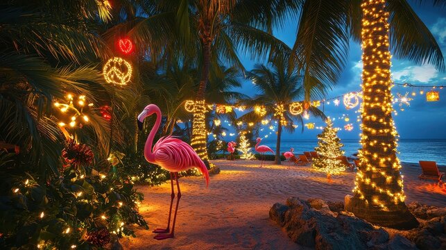 Tropical Beach Christmas with Flamingos and Fairy Lights