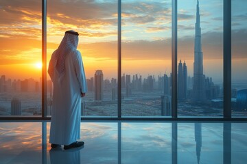 A man in traditional attire gazes at the Dubai skyline during a vibrant sunset