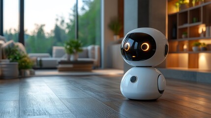 Friendly AI assistant interacts with customers in a cozy modern living space during daytime hours