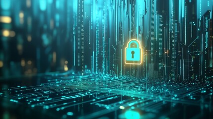 Glowing Green Lock Symbol with Circuit Board Cyber Protection Concept, Cybersecurity, Encryption Concept