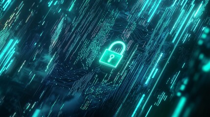 Obraz premium Glowing Green Lock Symbol with Circuit Board Cyber Protection Concept, Cybersecurity, Encryption Concept