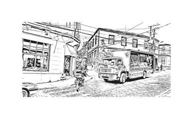 Print Building view with landmark of Valparaiso is a city in United States. Watercolor splash with hand drawn sketch illustration in vector.