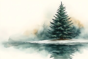 A serene winter landscape with a lone pine tree on a snowy shore reflected in a misty lake.