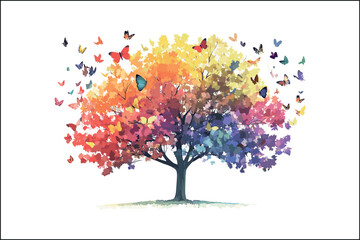 Obraz premium Elegant Floral Tree Illustration – Vibrant Colorful Tree Design with Floral PatternsVibrant Floral Tree Art – Colorful Tree Illustration on White Background for Home DecorColorful Floral Tree Desi