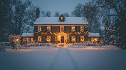 Obraz premium A snow-covered brick house with Christmas lights and decorations