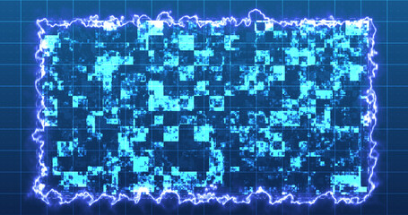Modern technology intro digital shiny squares moving hud with a fiery border. Hud science fiction digital data representation cyber growth bg.Info concept nodes copy space for writing light grid.