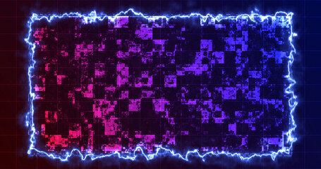 Modern technology intro digital shiny squares moving hud with a fiery border. Hud science fiction digital data representation cyber growth bg.Info concept nodes copy space for writing light grid.