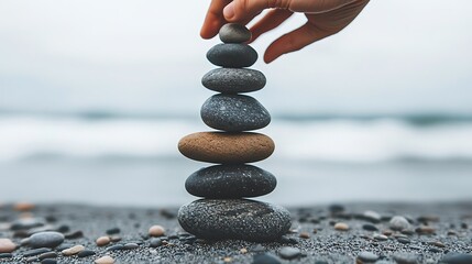 A hand carefully stacking smooth rocks on a sandy beach near the water&rsquo;s edge during a cloudy day