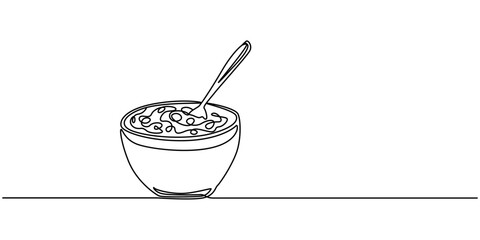 Single continuous line drawing of stylized bowl of cereal breakfast with fresh milk. Healthy whole wheat food concept. Cereal bowl in one line drawing. Breakfast with milk, healthy food concept.