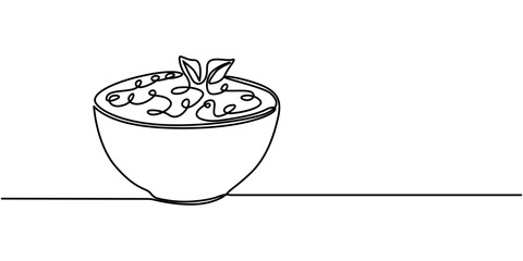 Single continuous line drawing of stylized bowl of cereal breakfast with fresh milk. Healthy whole wheat food concept. Cereal bowl in one line drawing. Breakfast with milk, healthy food concept.